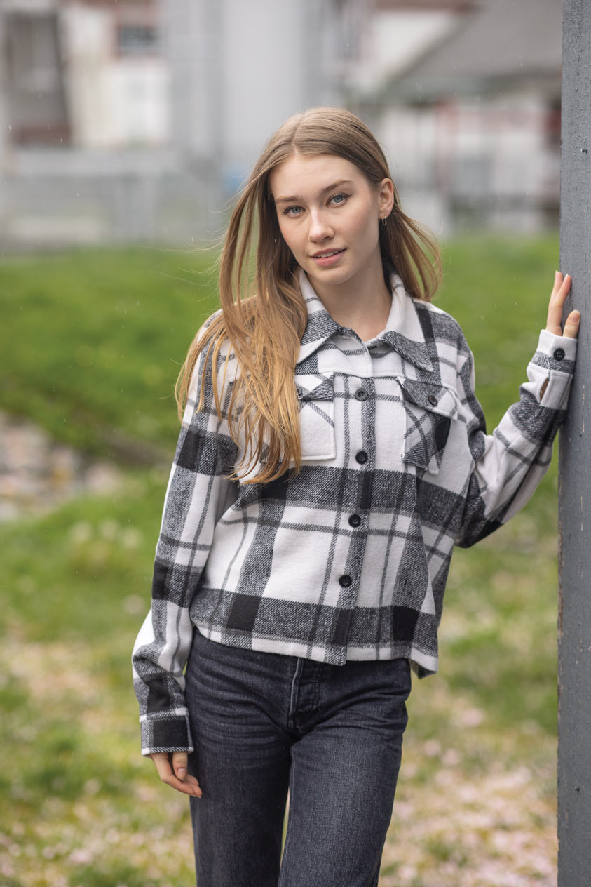 JT-13706 - Plaid Cropped Jacket with Patch Pockets